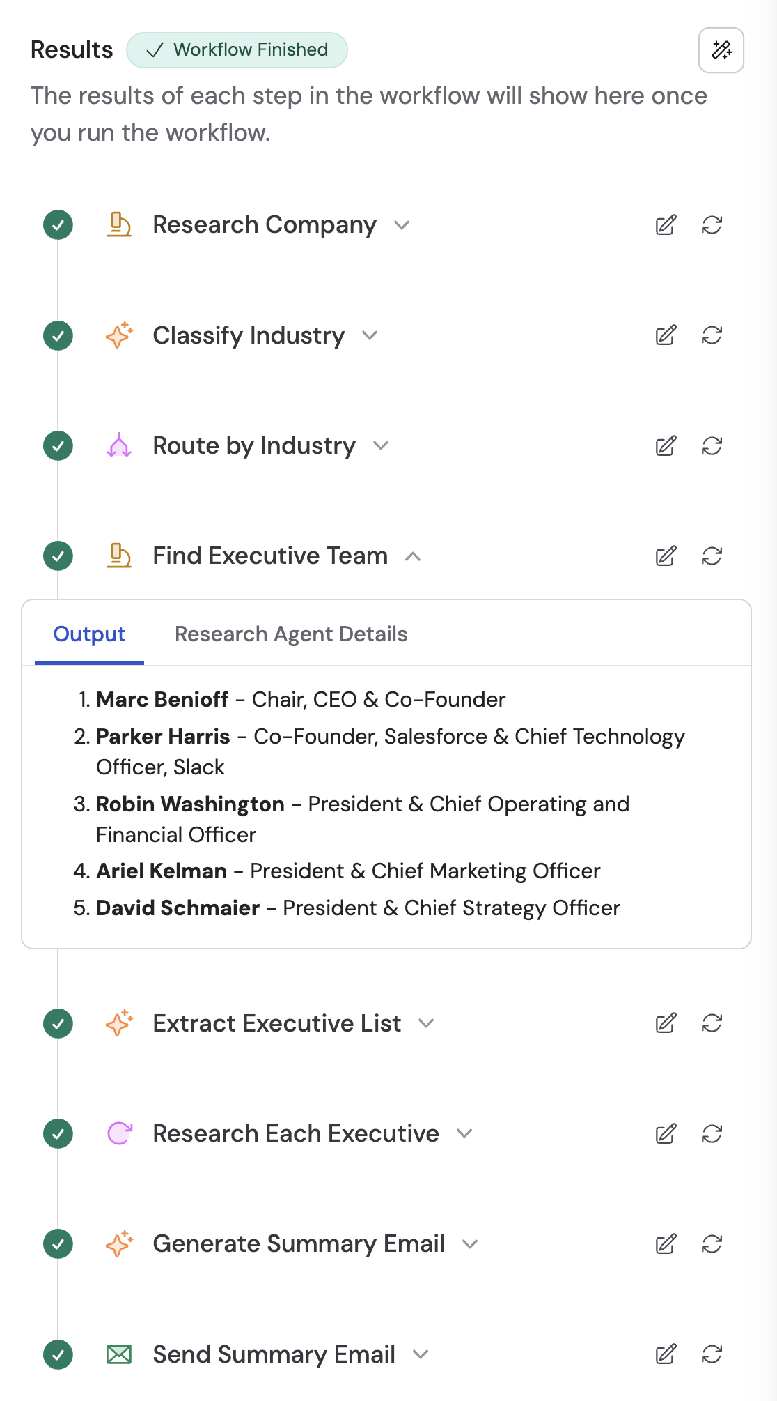 Test results showing output for each action in the Workflow