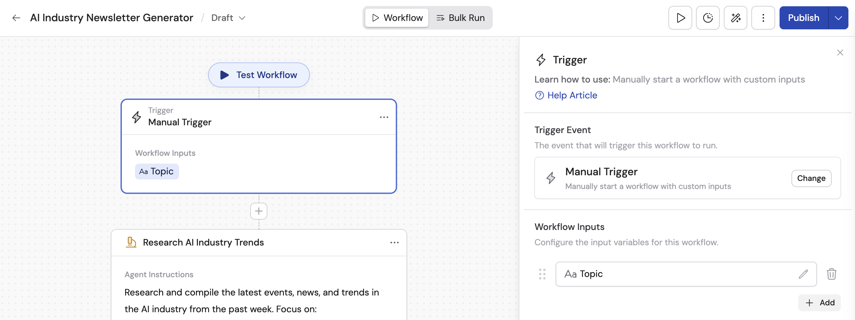 Trigger configuration sidebar showing input fields and settings