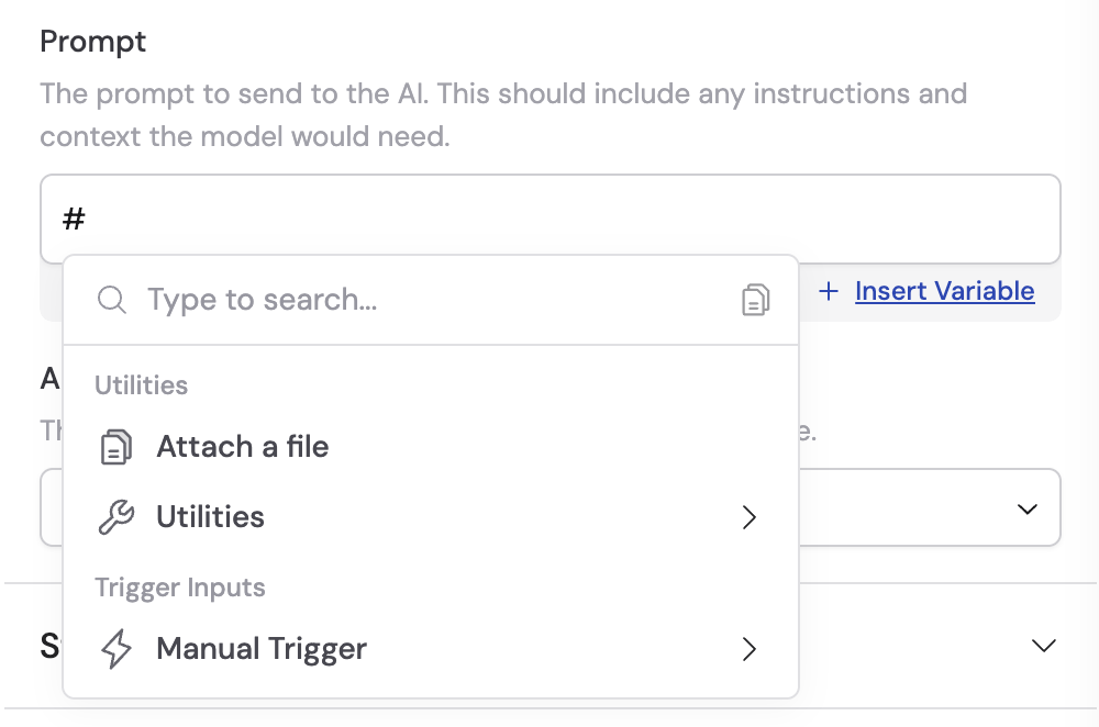Variable selector dropdown showing trigger inputs and action outputs