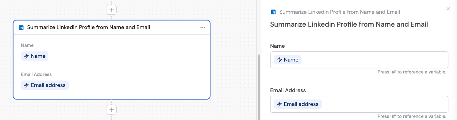 Action input field with a variable reference dropdown showing trigger inputs