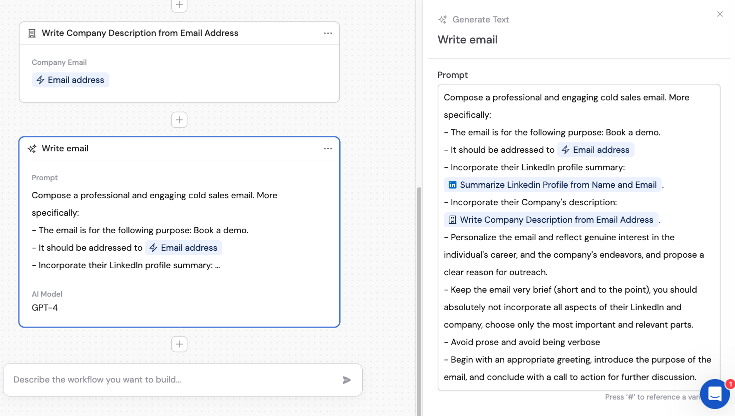 Generate Text prompt referencing variables from two previous actions