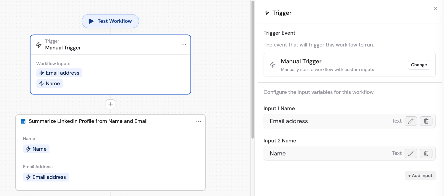 Trigger block showing Name and Email address inputs that become variables