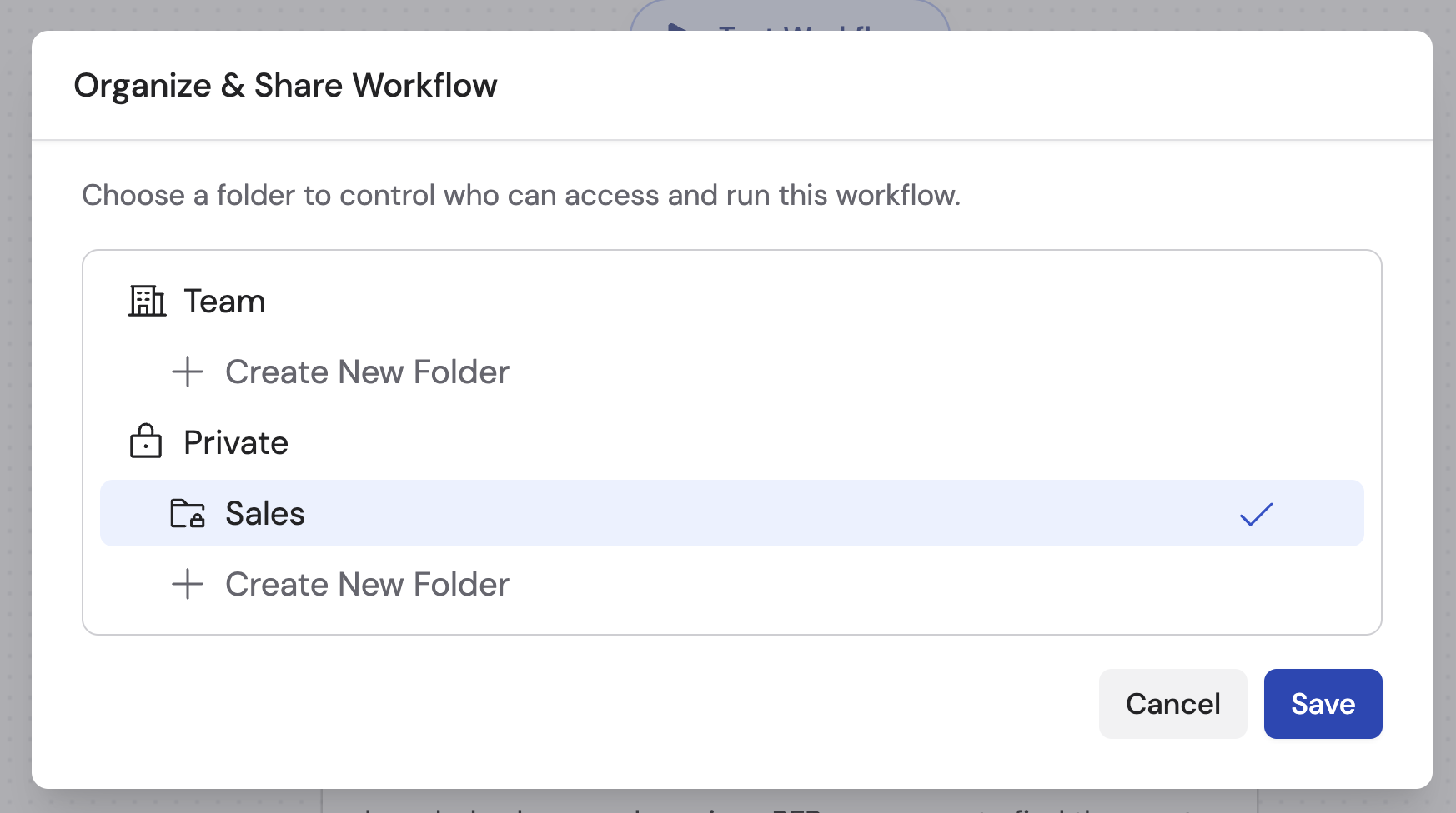 Workflow location picker modal showing Team and Private sections with folders