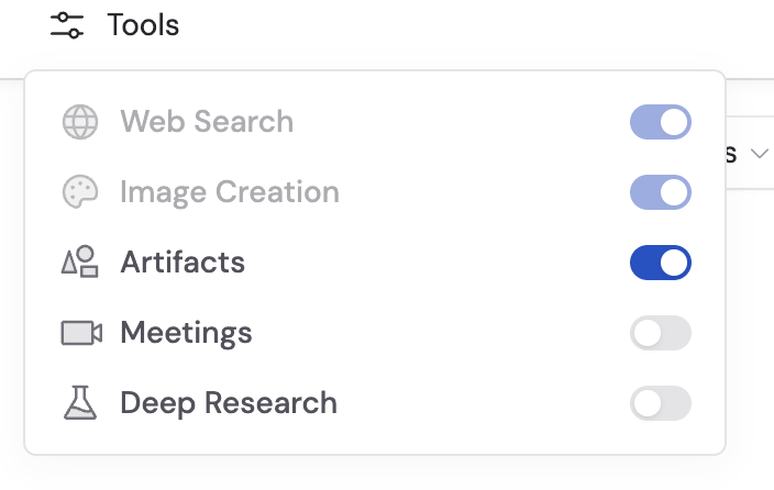 Tools picker panel showing toggles for Web Search, Image Creation, Artifacts, Meetings, and Deep Research