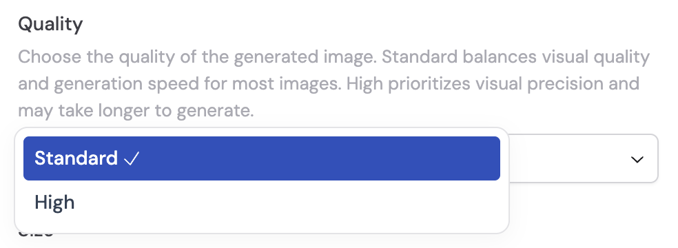 Quality dropdown showing Standard and High image quality options