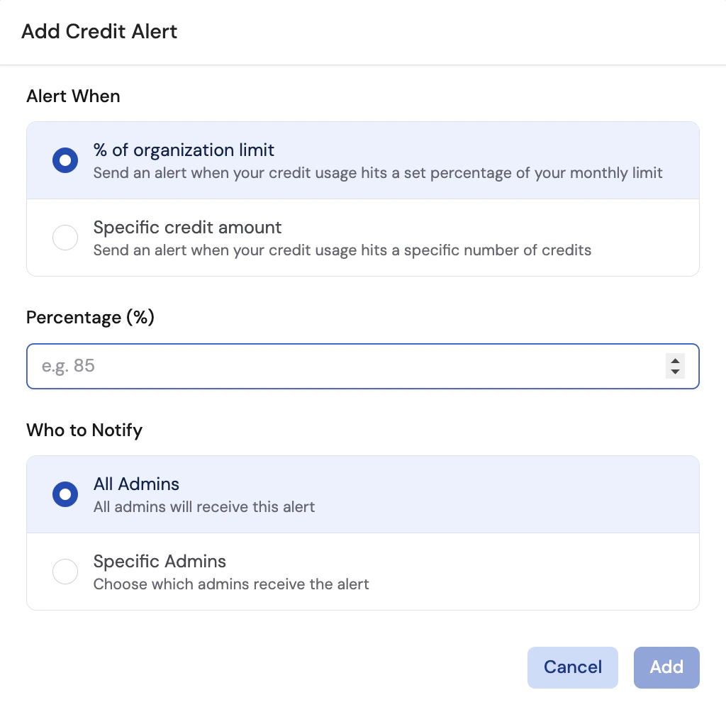 Adding an Organization Credit Alert