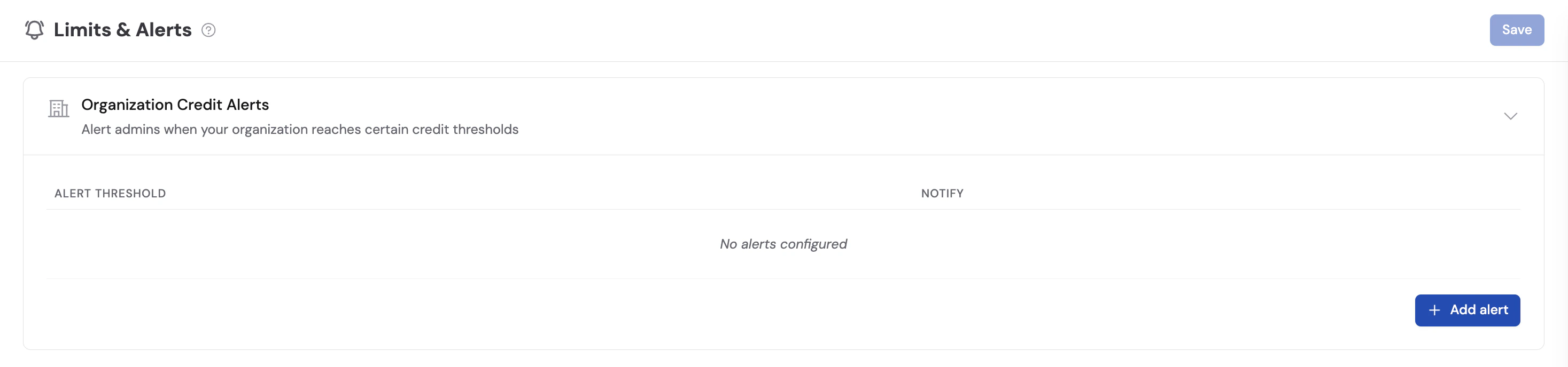 Organization Credit Alerts on the Limits & Alerts page