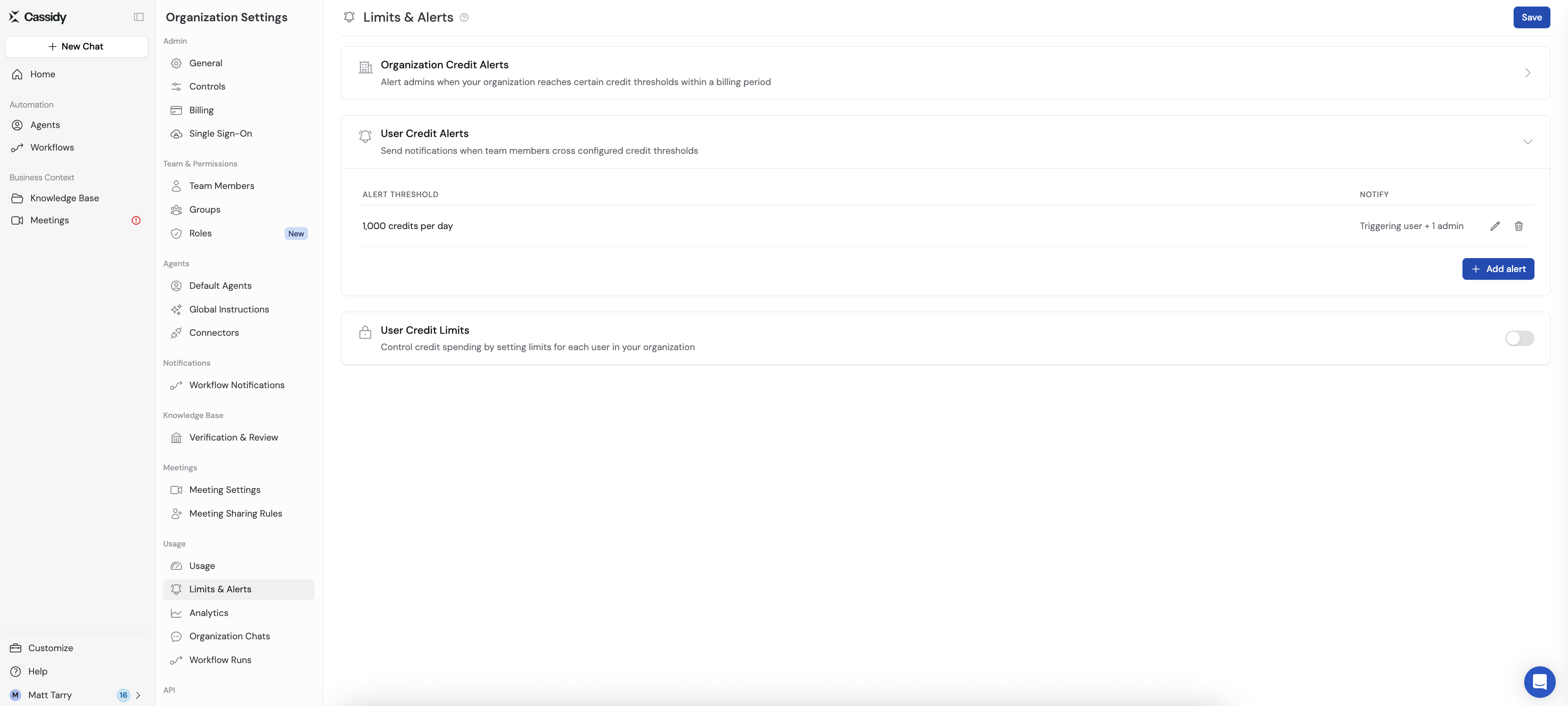 User credit alerts section on the Limits & Alerts page
