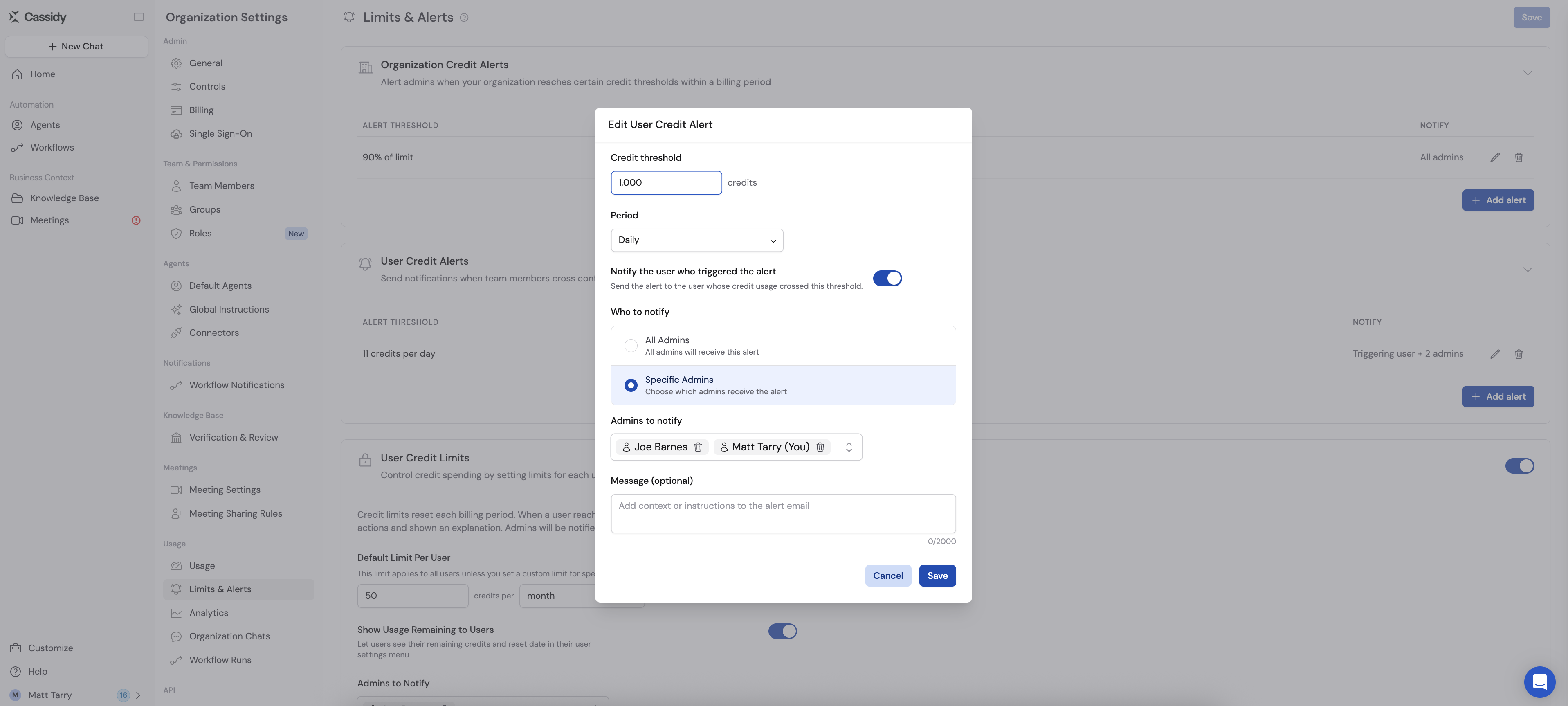 User credit limit modal showing credit limit, period, recipients, and optional message
