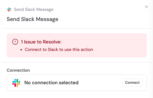 Action picker modal with Send Slack Message selected