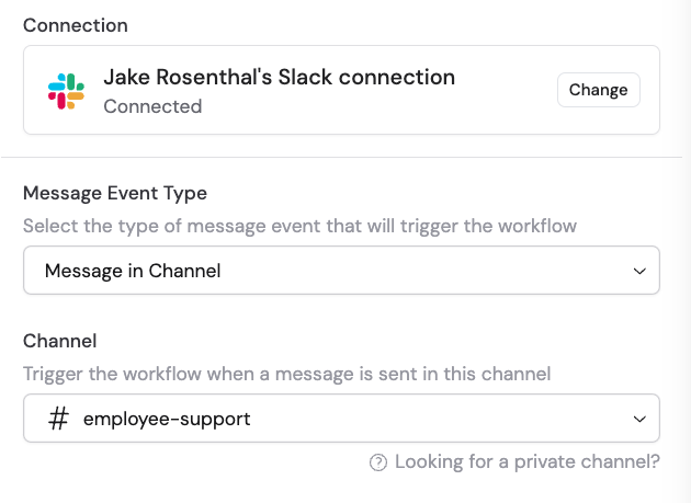 Channel selector dropdown in the Slack Message trigger