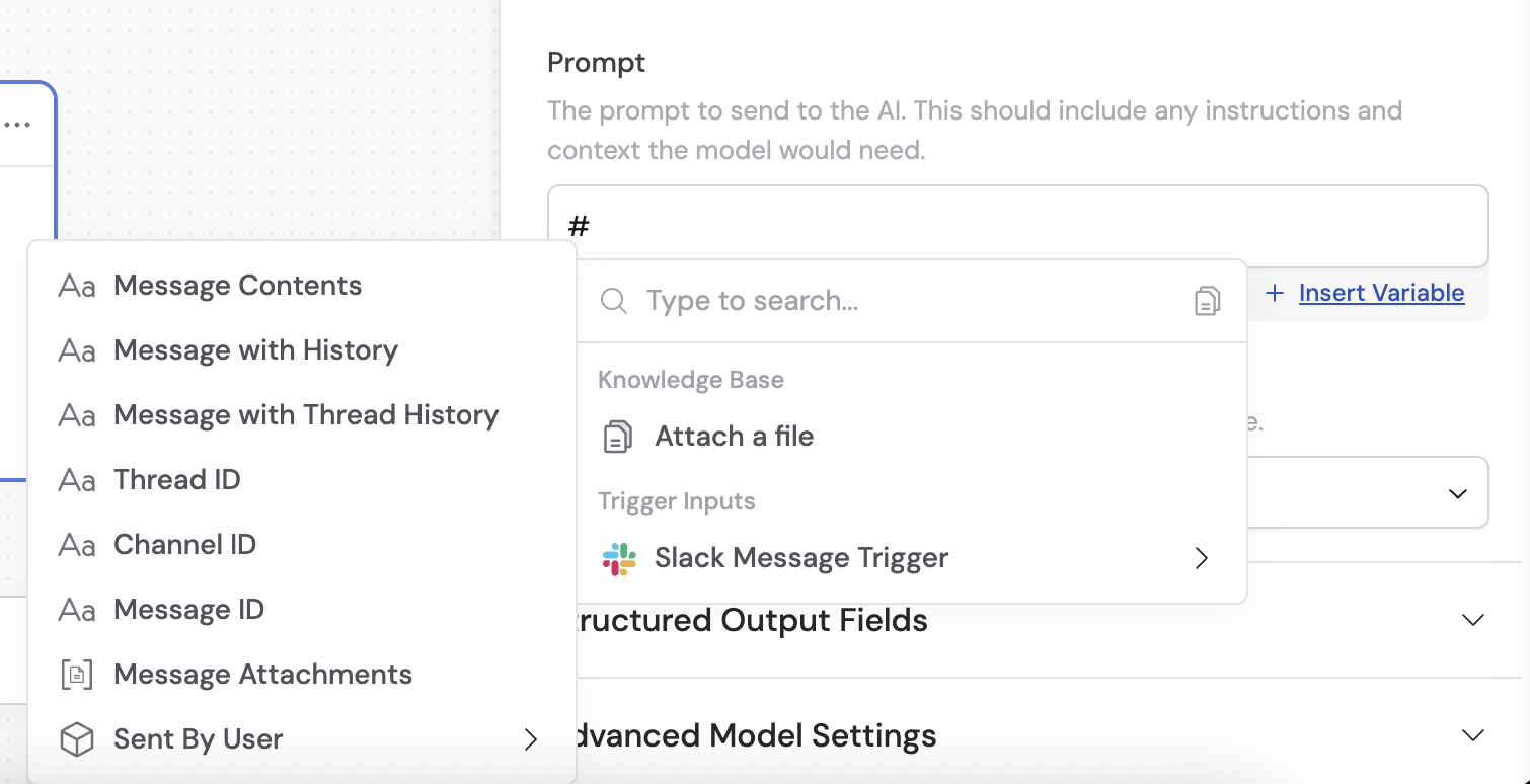 Variable picker showing available Slack Message trigger outputs