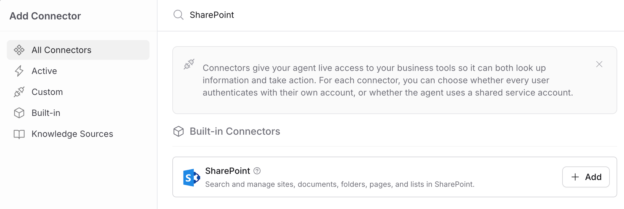 Add Connector picker showing SharePoint under Built-in Connectors with an Add button