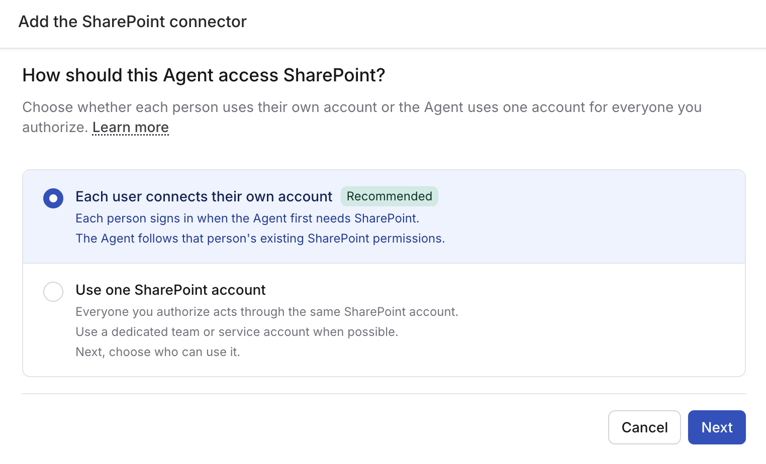 Connection method selection for SharePoint with Each user connects their own account selected as the recommended option