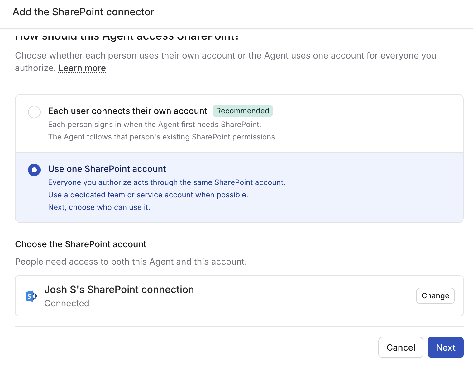 Use one SharePoint account selected with a connected SharePoint account shown under Choose the SharePoint account