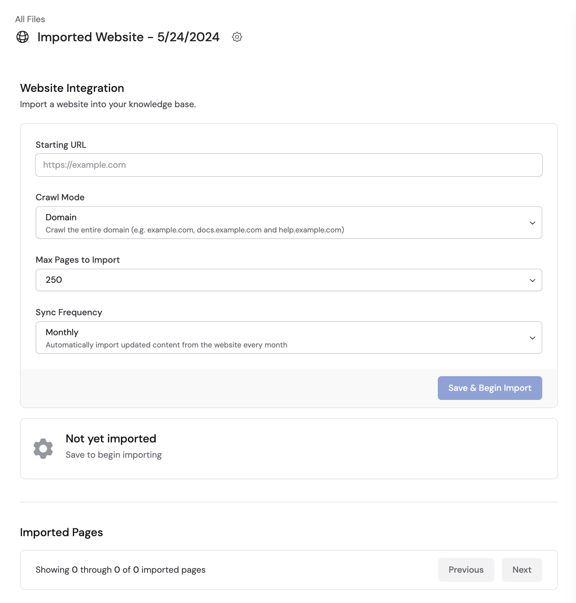 Website import form showing Starting URL, Crawl Mode set to Domain, Max Pages to Import, and Sync Frequency options