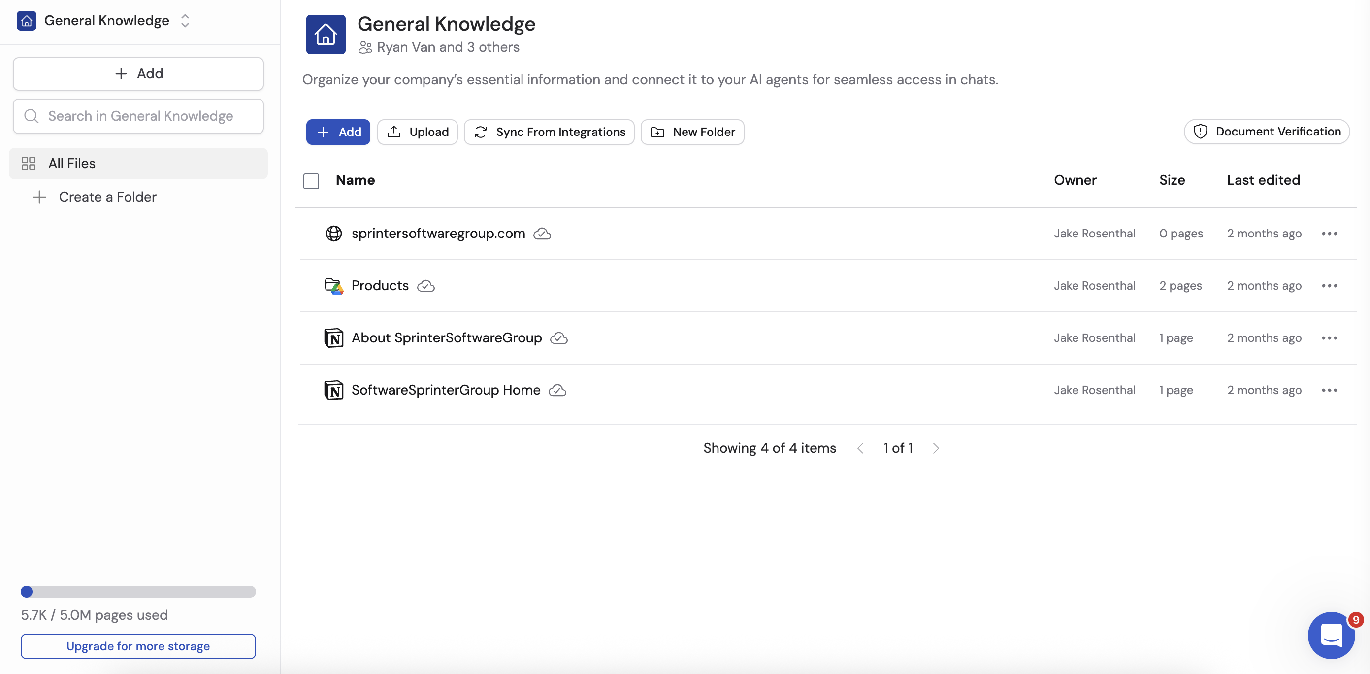 Knowledge Base homepage showing collections and documents