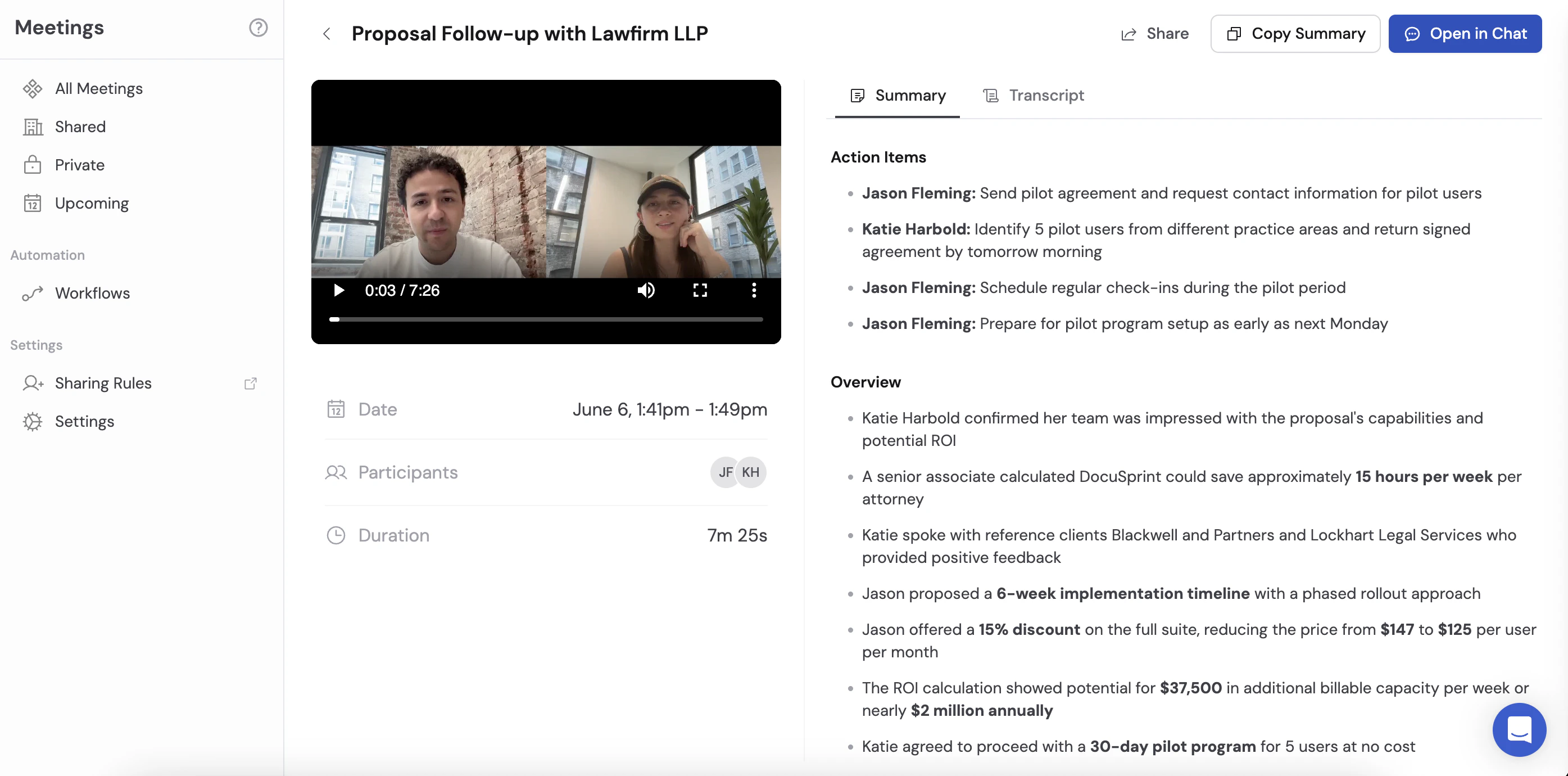 Cassidy Meetings showing transcription and AI-generated insights