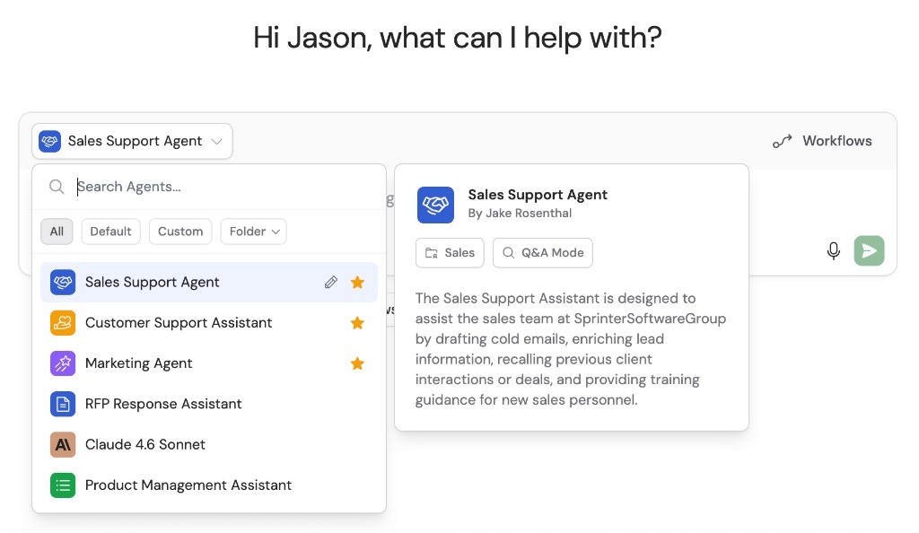 Agent dropdown showing Sales Support Agent selected with a list of custom Agents and favorites