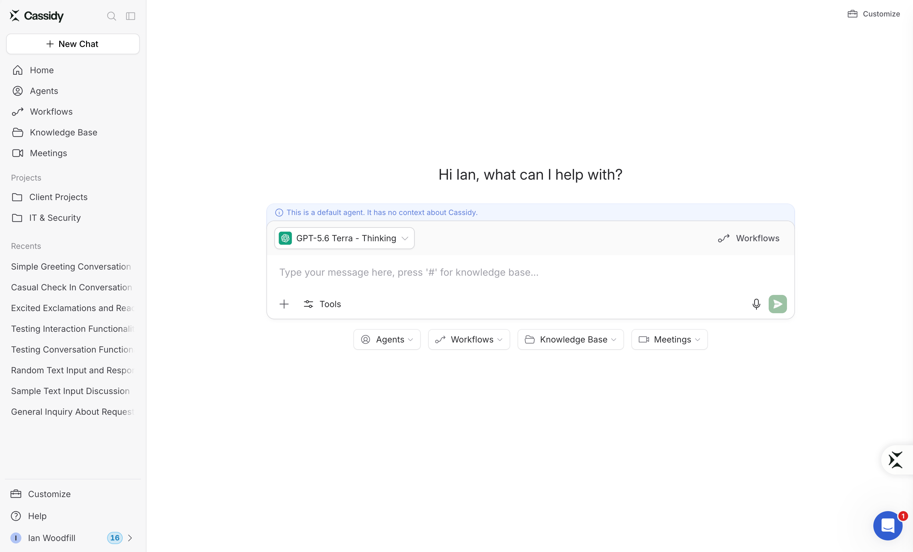 Cassidy Chat interface with the shared sidebar, Projects, recent chats, and New Chat button