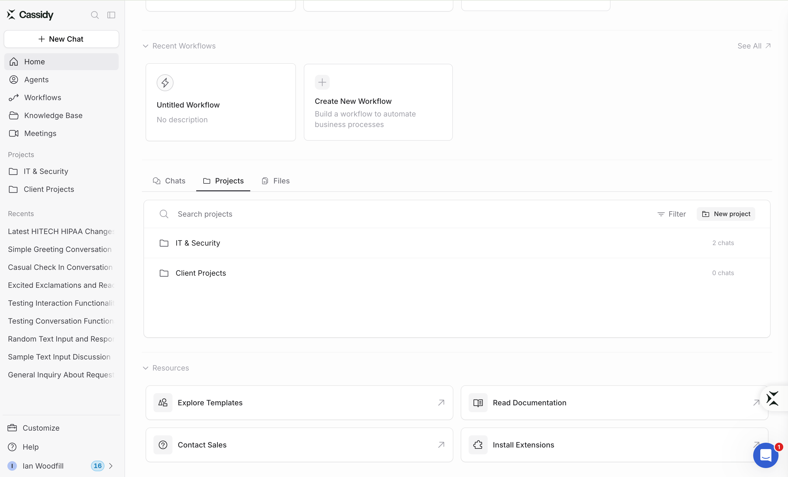 Projects tab showing project search, filters, chat counts, and the New project button