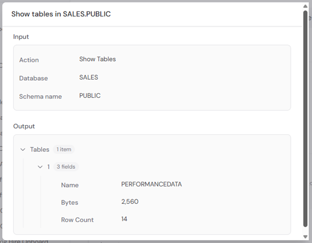 Expanded Snowflake action details showing the query and results