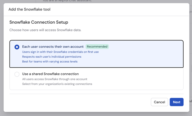 Connection method selection for Snowflake