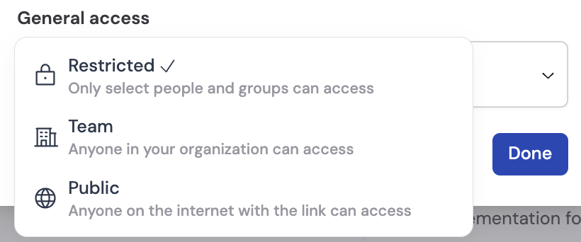 Share dialog showing access level dropdown with Restricted, Team, and Public options