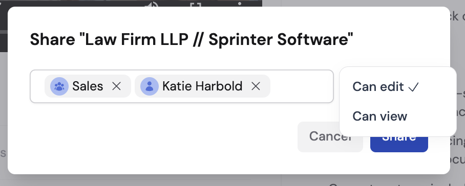 Share dialog showing the people and groups search field with permission level dropdowns