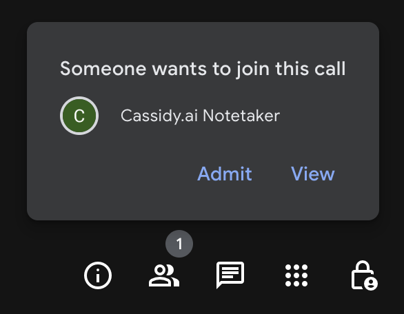 Meeting waiting room showing the Cassidy bot requesting to join