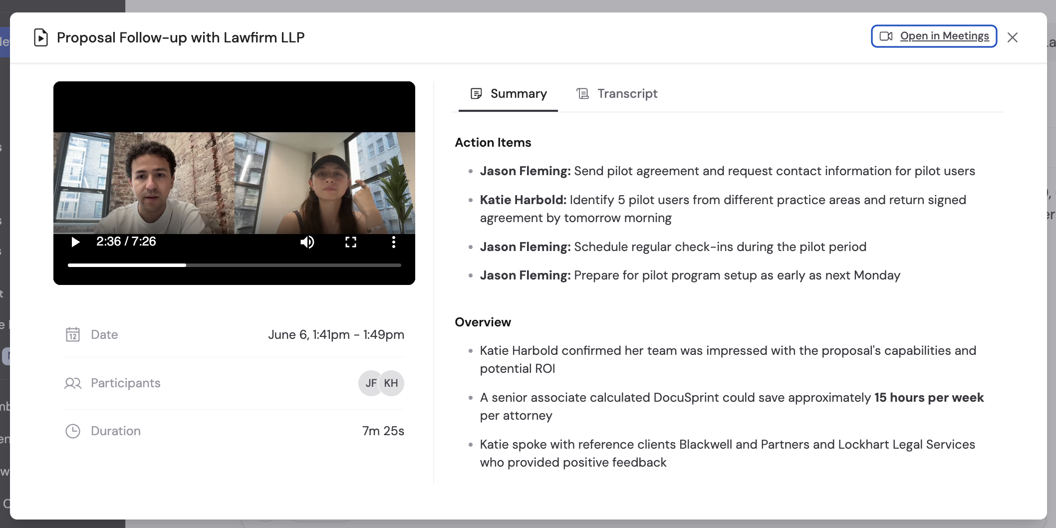 Chat response showing timestamped citations linking back to meeting recordings