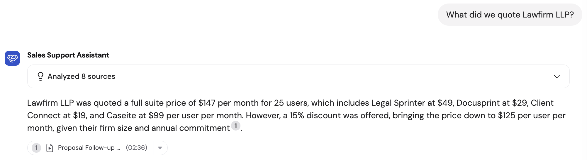 Agent chat showing cross-meeting search results