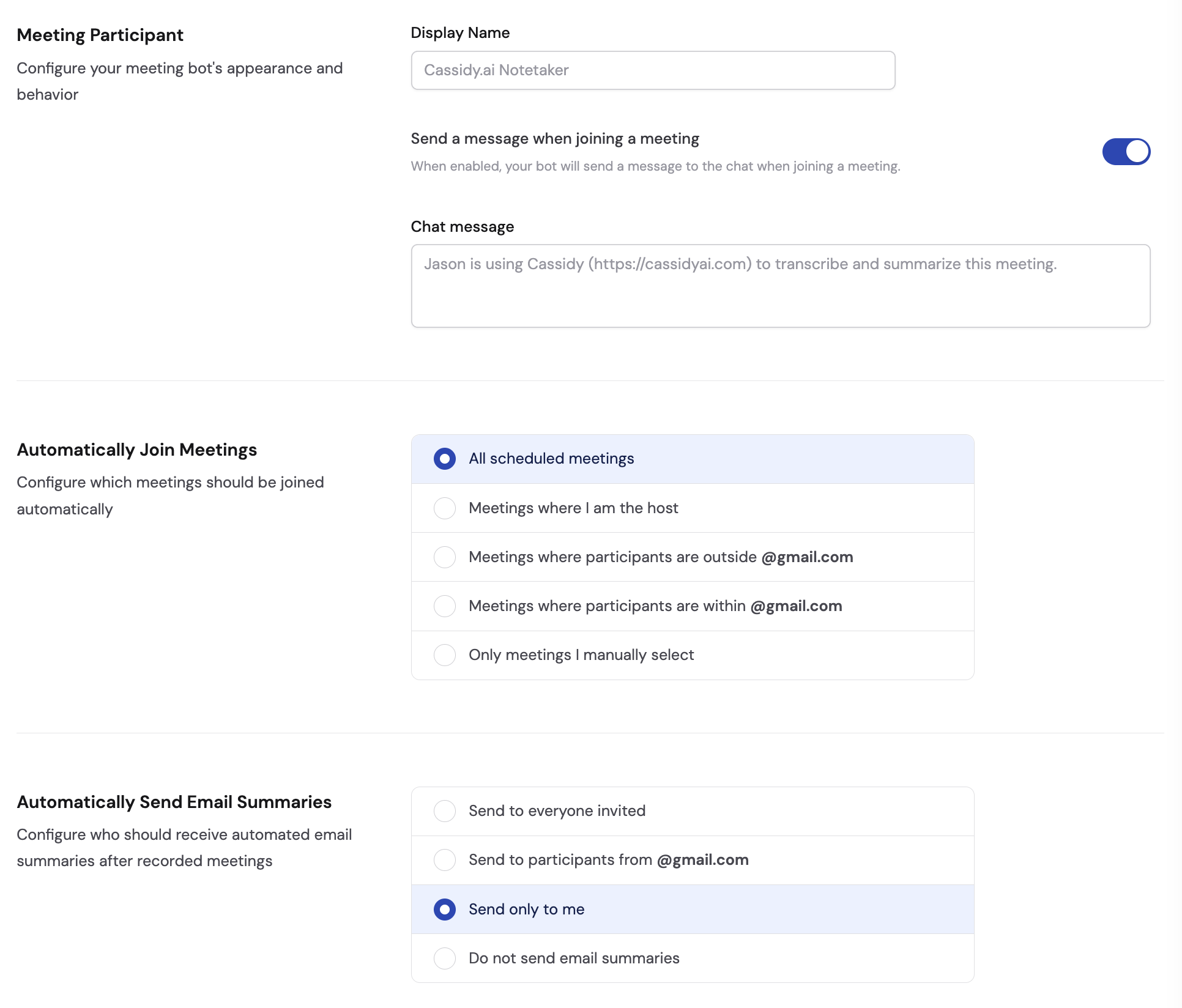 Meeting bot settings page showing display name, message, auto-join, and email summary options