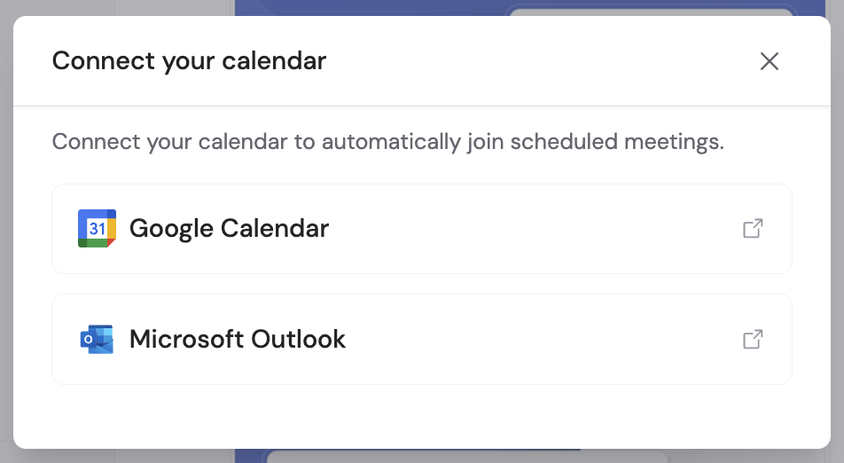 Calendar provider selection dialog showing Google Calendar and Microsoft Outlook