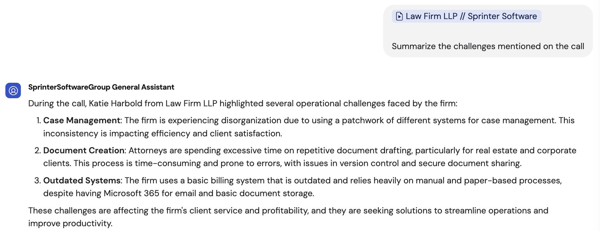 AI response to a meeting question with cited timestamps