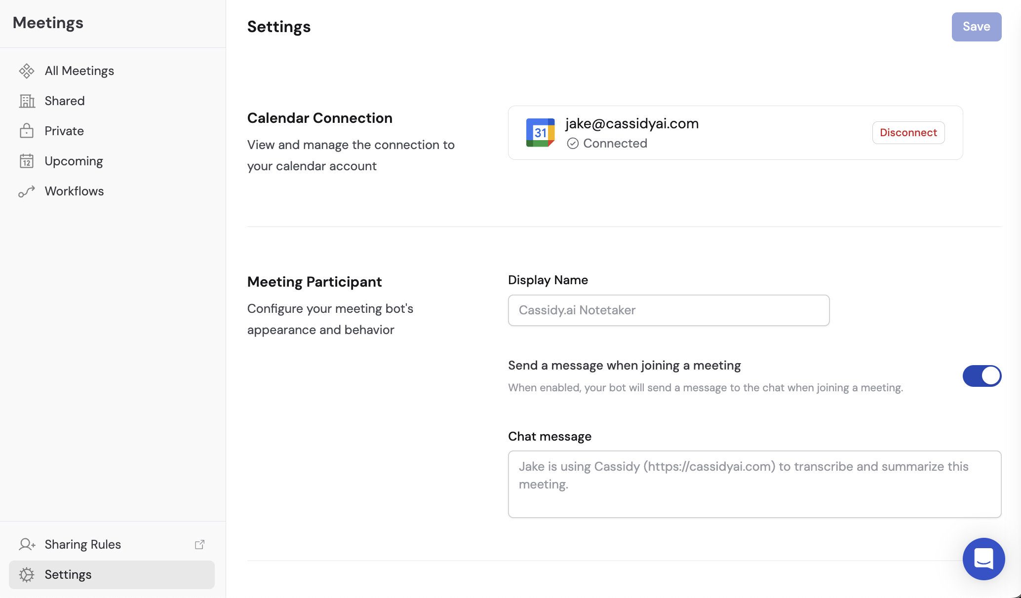 Meetings Settings tab showing the Disconnect button for calendar