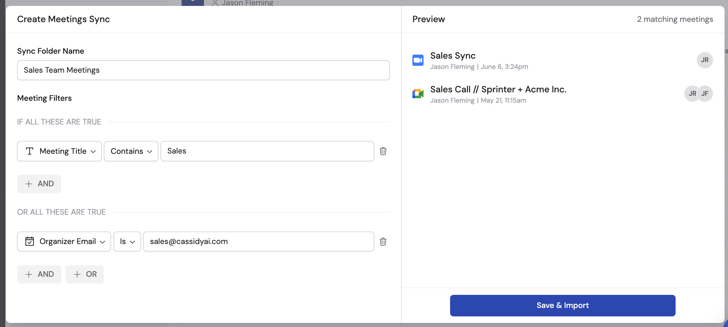 Meeting filter configuration with AND/OR conditions and filter criteria