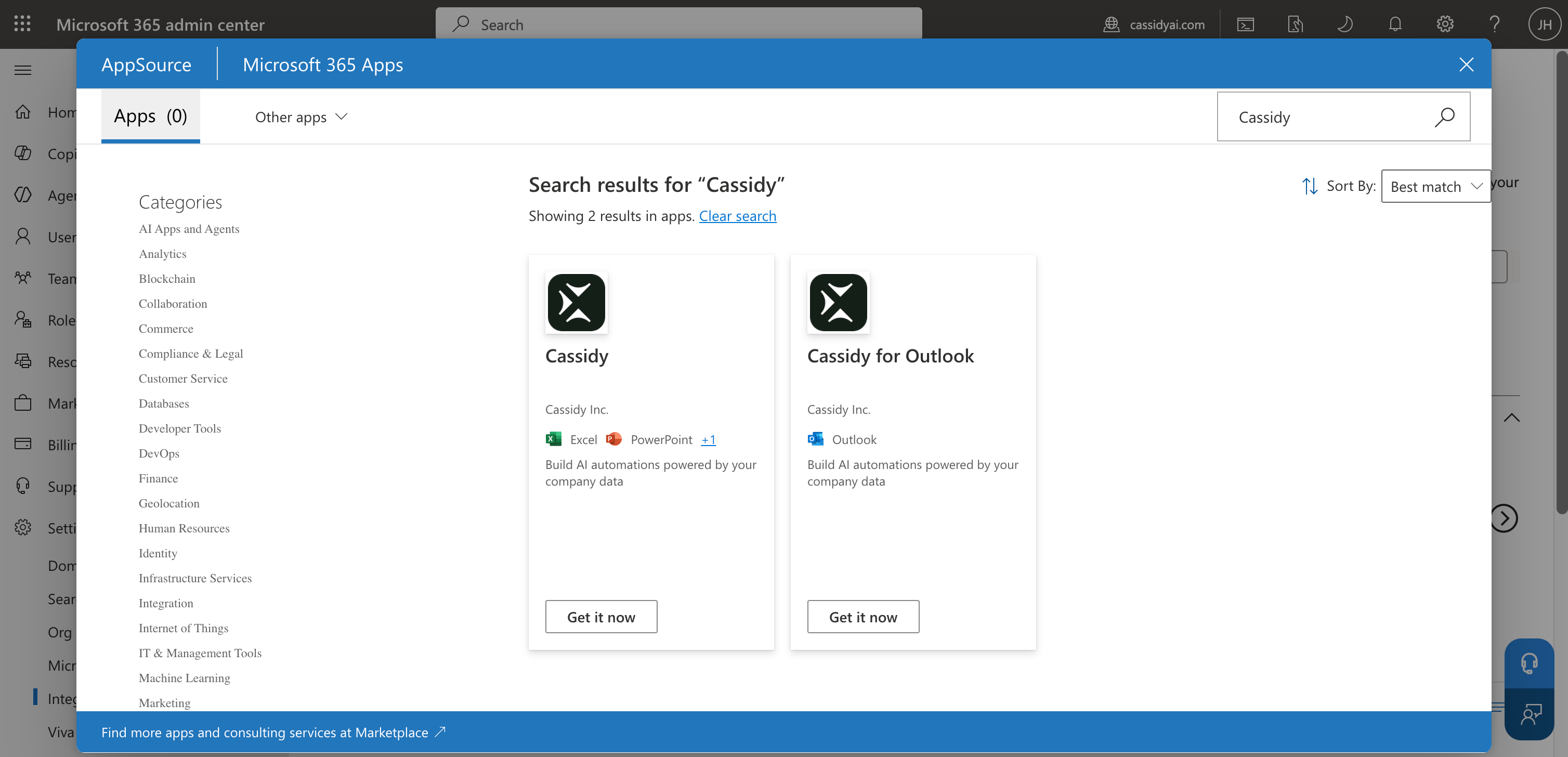 Microsoft Marketplace search results showing the Cassidy for Outlook and Cassidy extensions