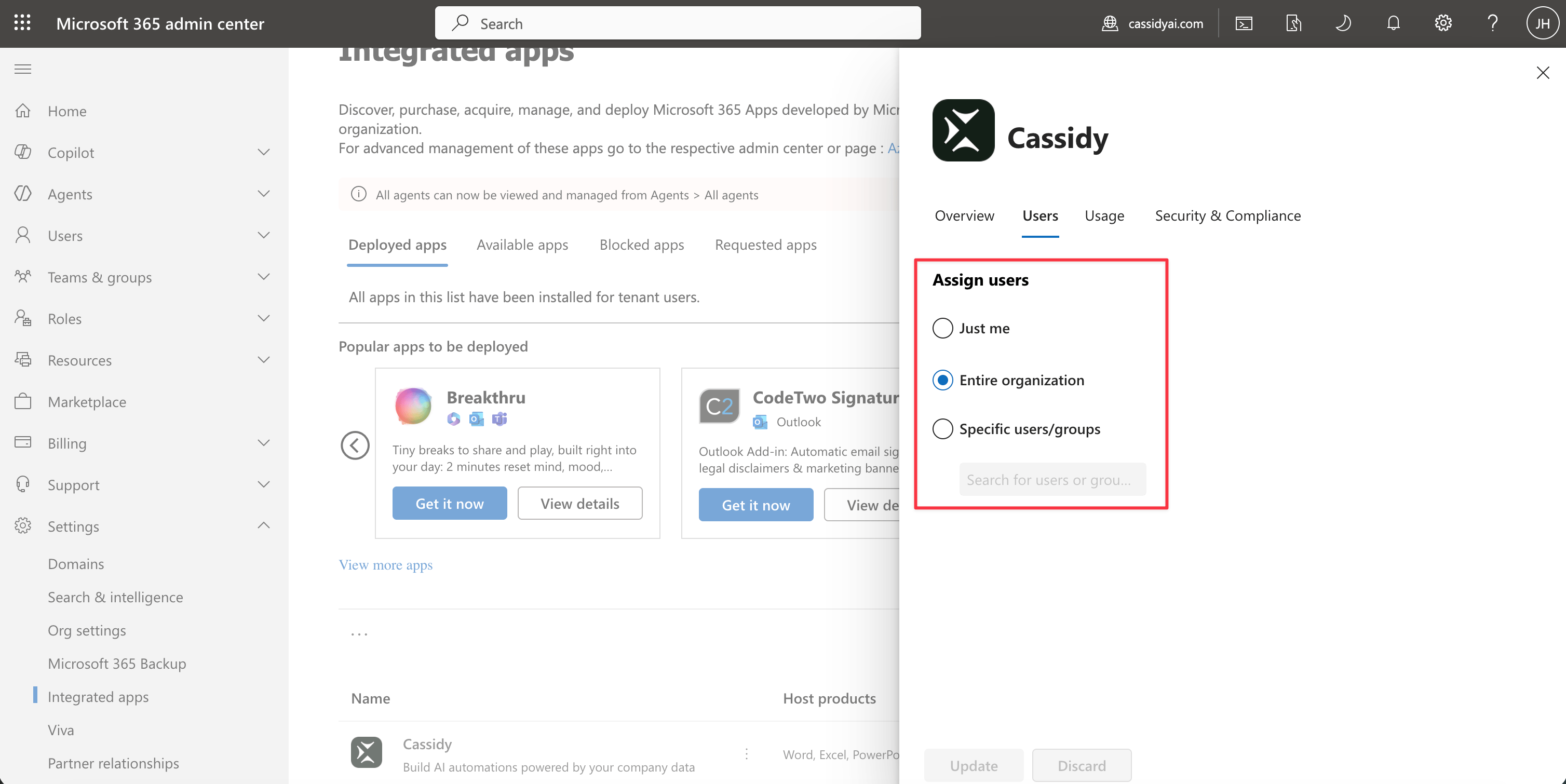 Deployment wizard showing user assignment options including Entire organization and Specific users/groups