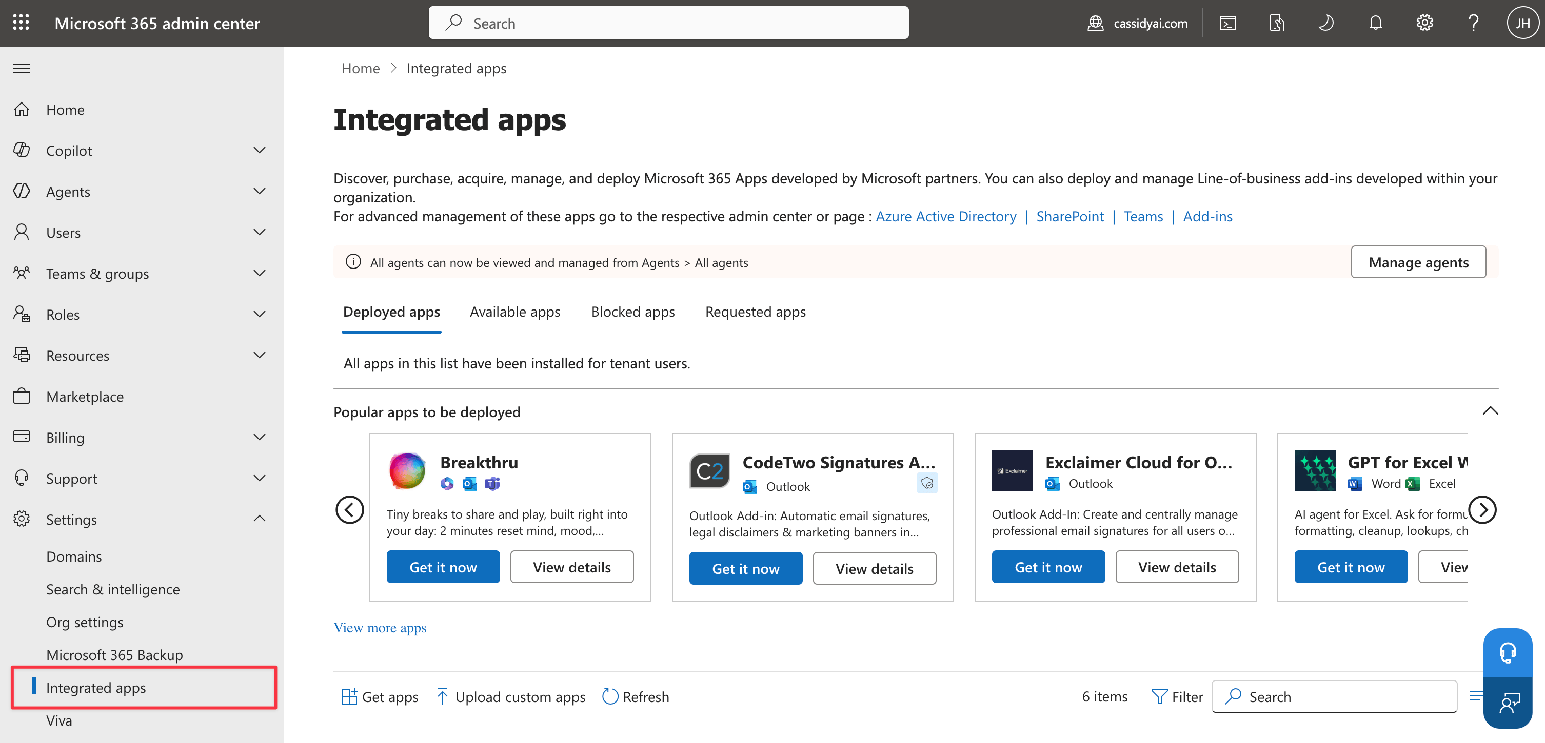 Microsoft 365 admin center Integrated Apps page under Settings