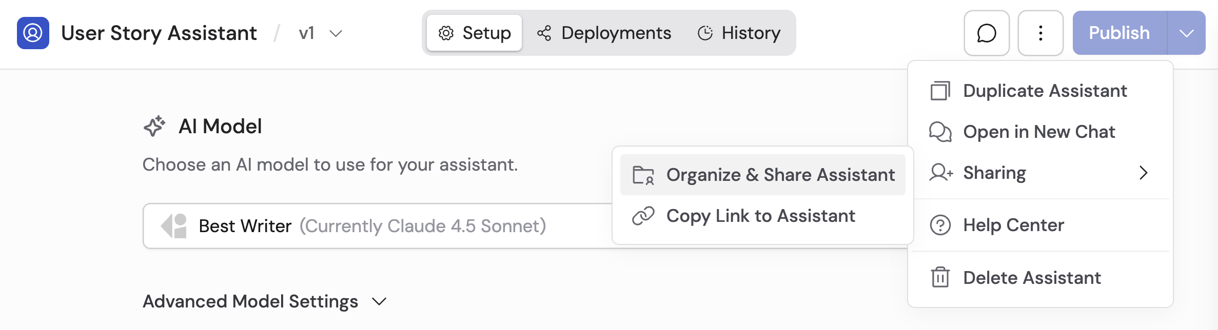 Agent editor menu showing Organize and Share Agent option under Sharing
