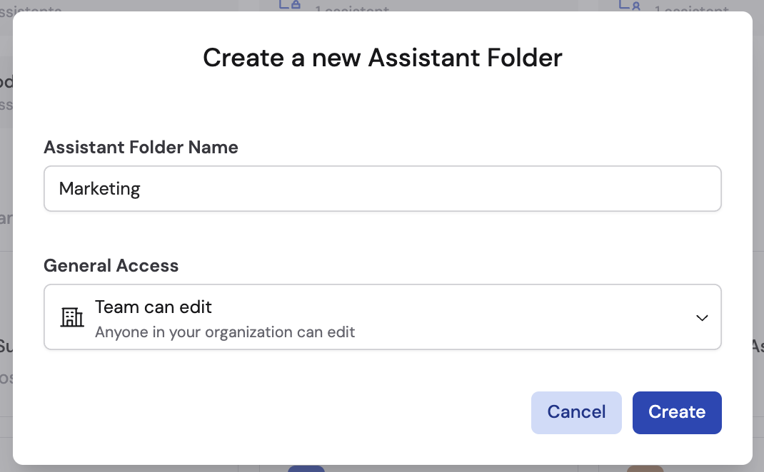 Folder creation dialog showing name field and permission options: Team can edit, Team can view, and Restricted
