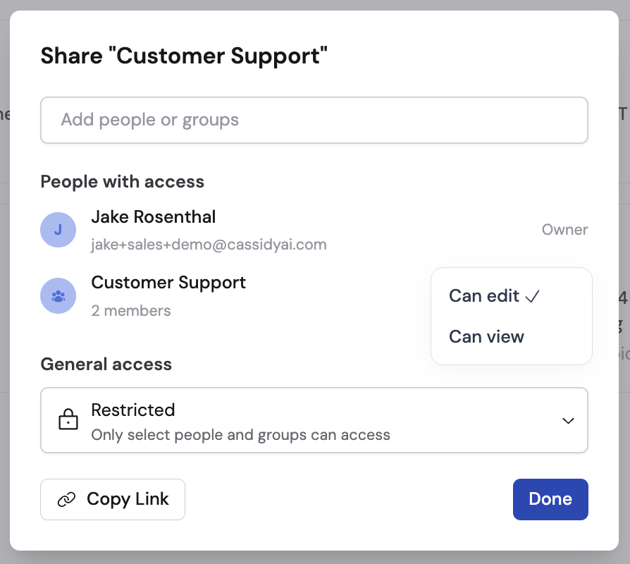Folder sharing dialog showing access type selector and people and groups with Can edit or Can view permissions