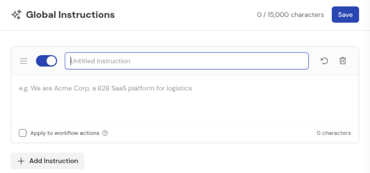Global instruction card with title, body, toggle, and Apply to workflow actions checkbox