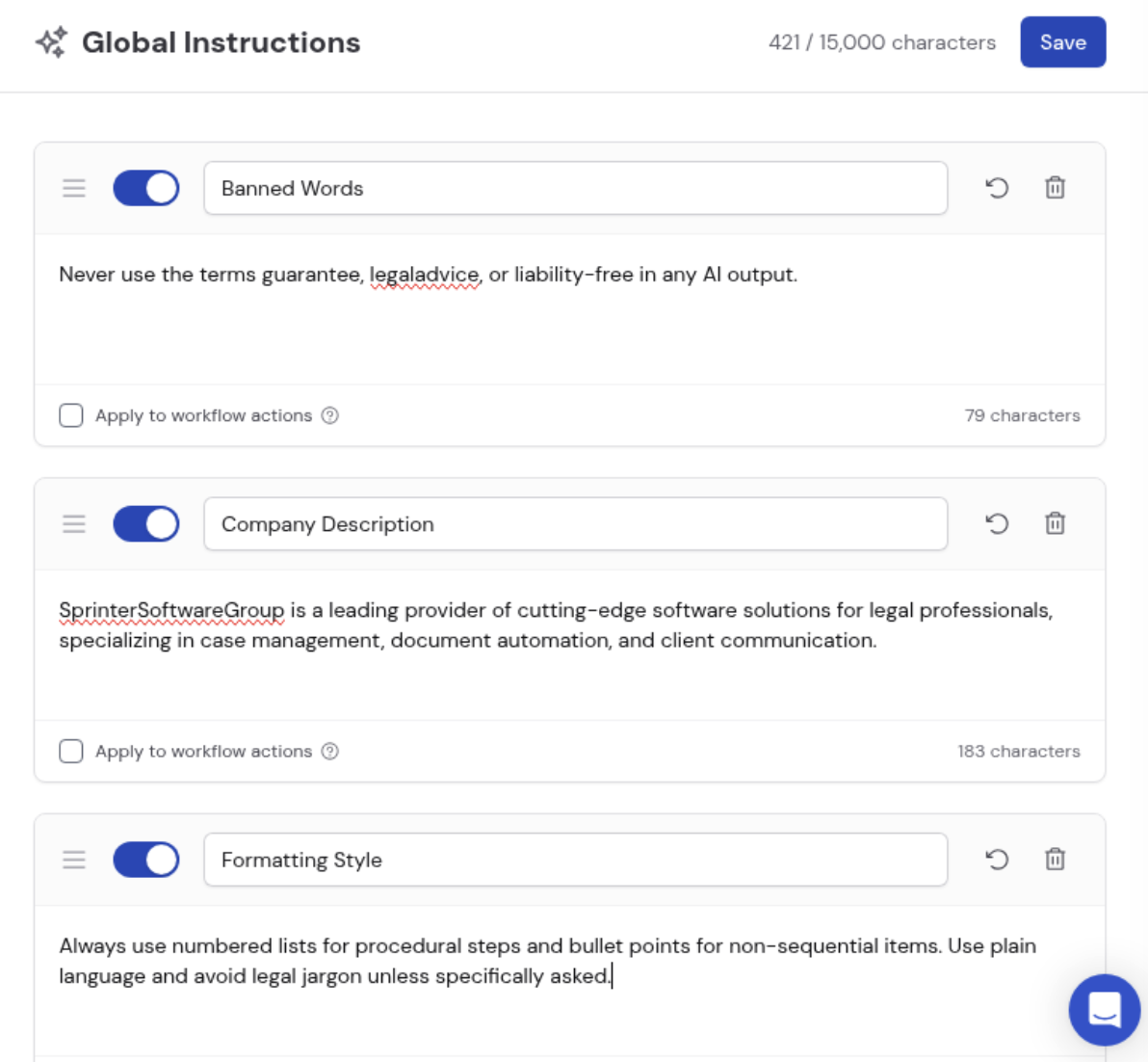 Global Instructions page showing multiple instruction cards with character counter
