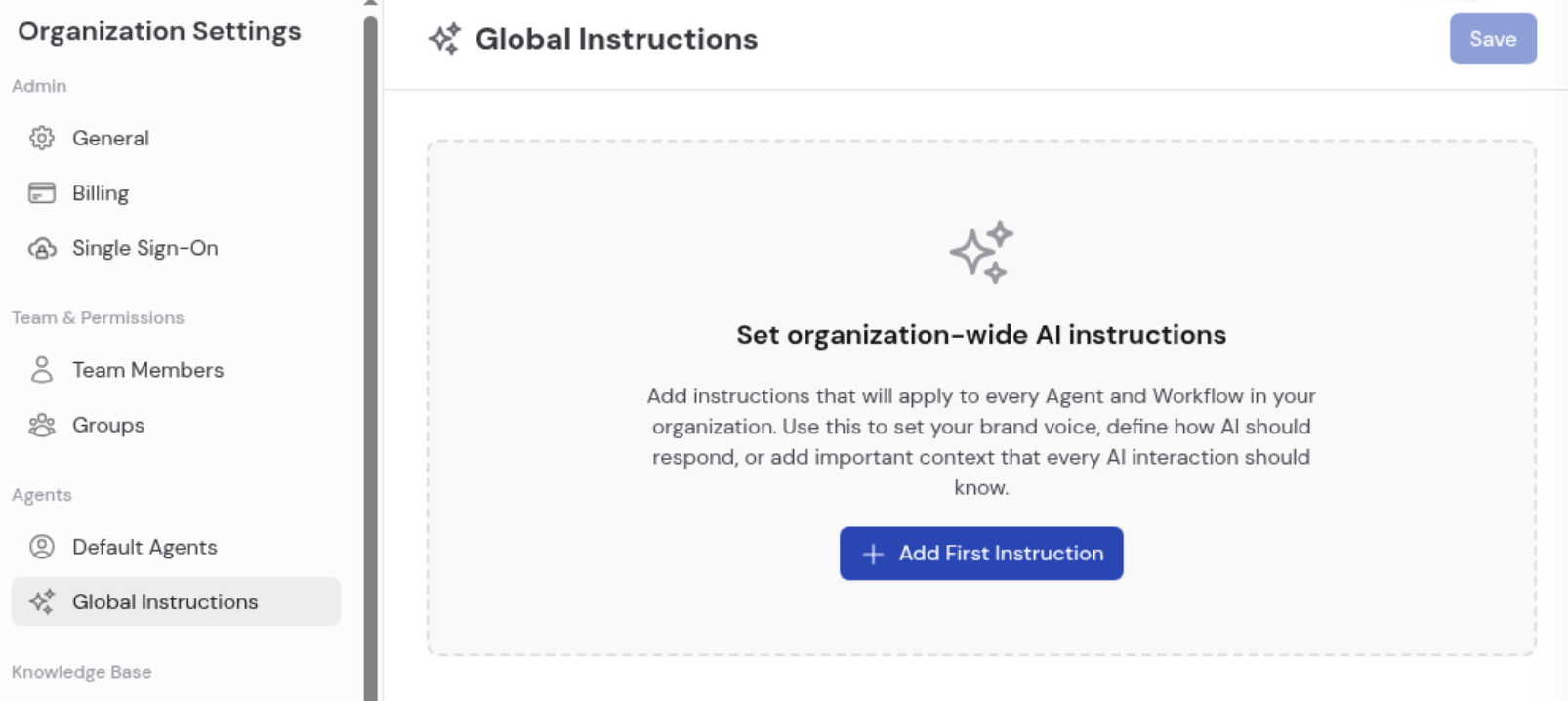 Organization Settings sidebar with Global Instructions option under the Agents section