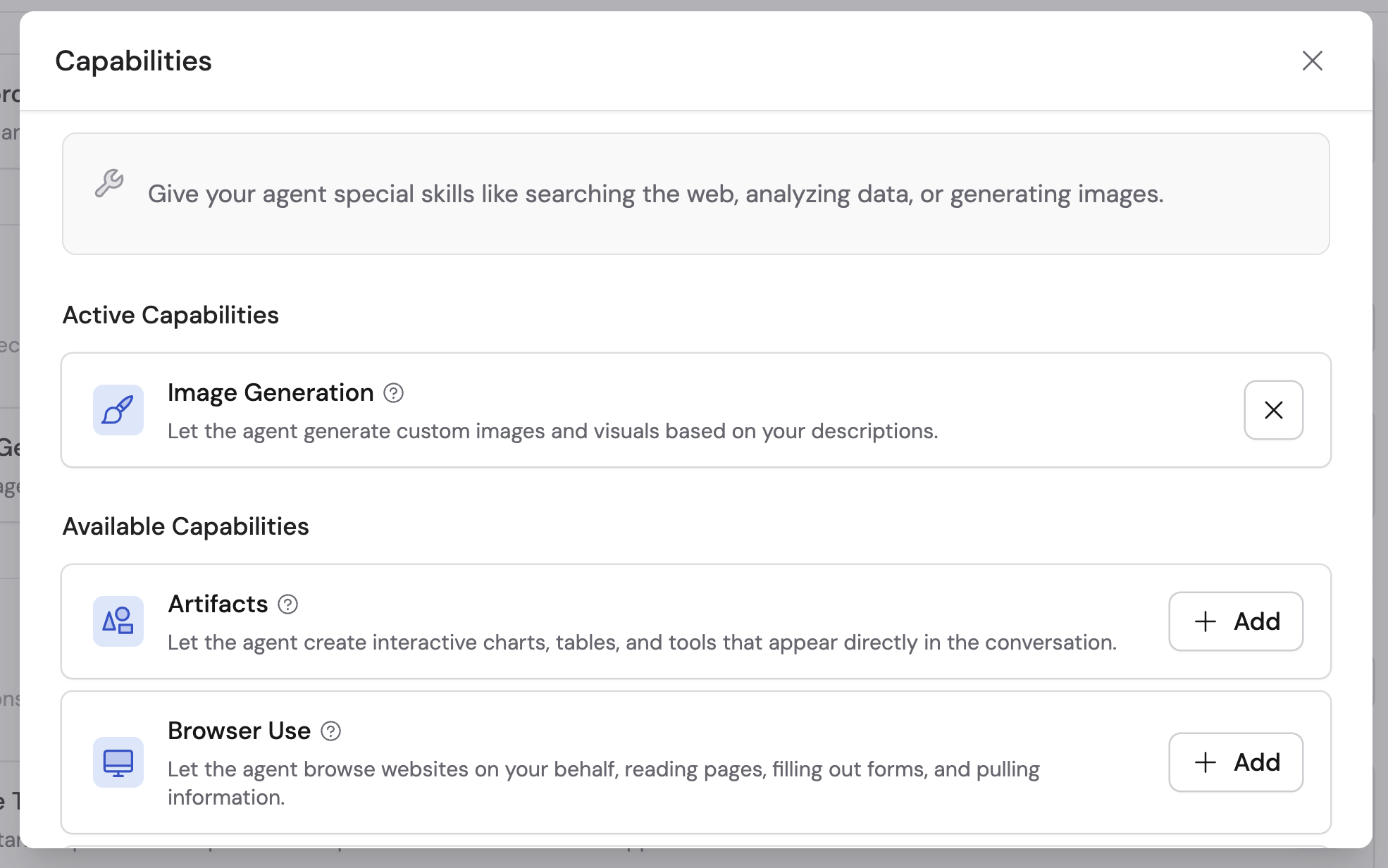 Capabilities dialog showing Image Generation added with Artifacts and Browser Use available to add