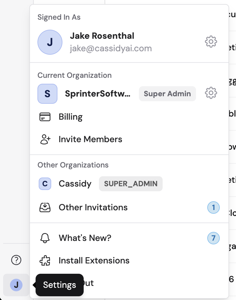 Sidebar showing account name with gear icon to access Organization Settings
