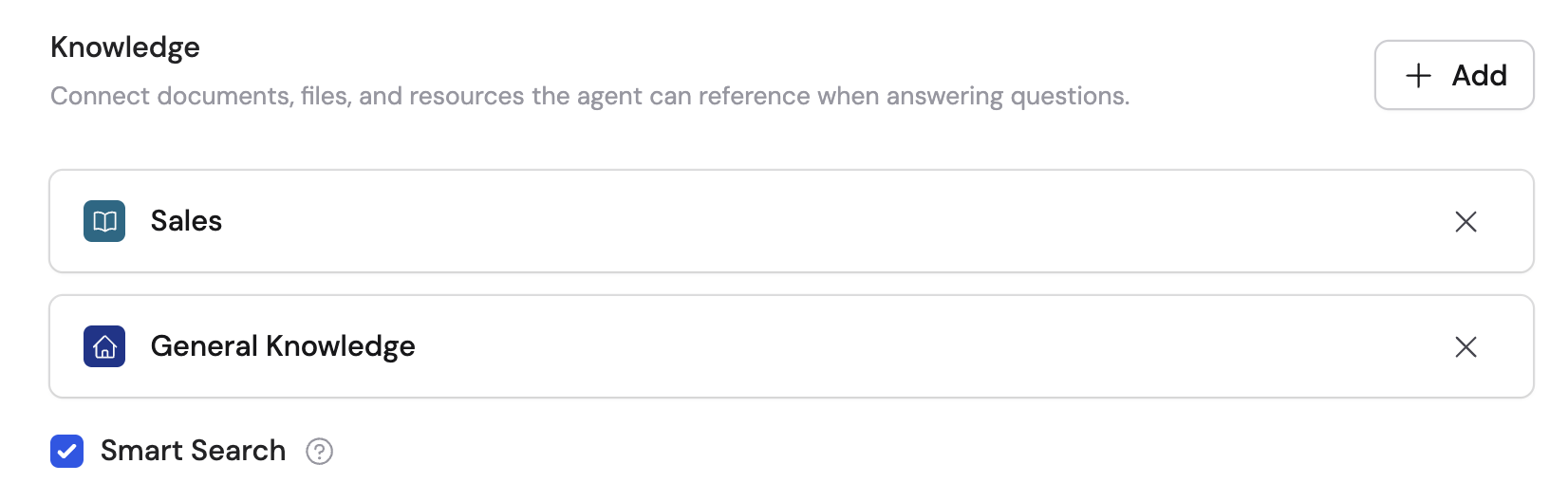 Smart Search toggle in the Knowledge section of the Agent editor