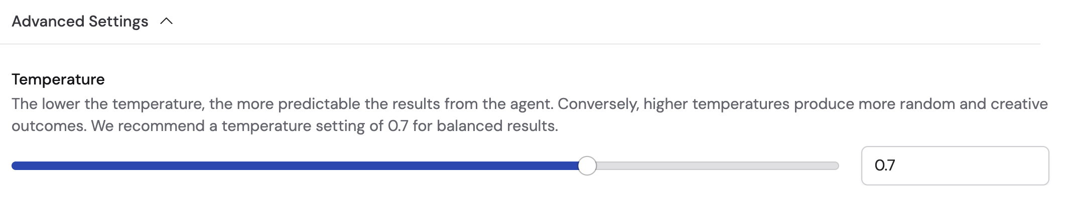 Advanced Model Settings panel with temperature slider